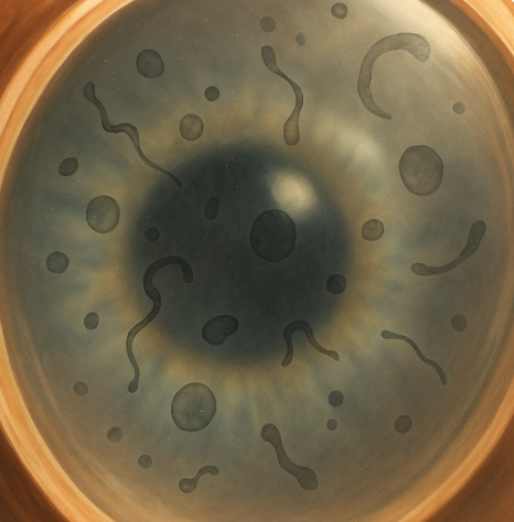 눈 내부의 망막과 유리체를 배경으로 다양한 모양의 반투명 잡티가 떠 다니는 비문증의 증상을 표현한 이미지