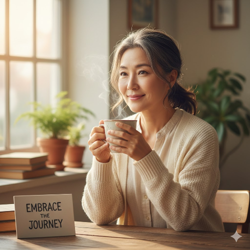편안하게 차를 마시며 미소 짓는 중년 여성의 모습. '여유로운 관리'를 강조.