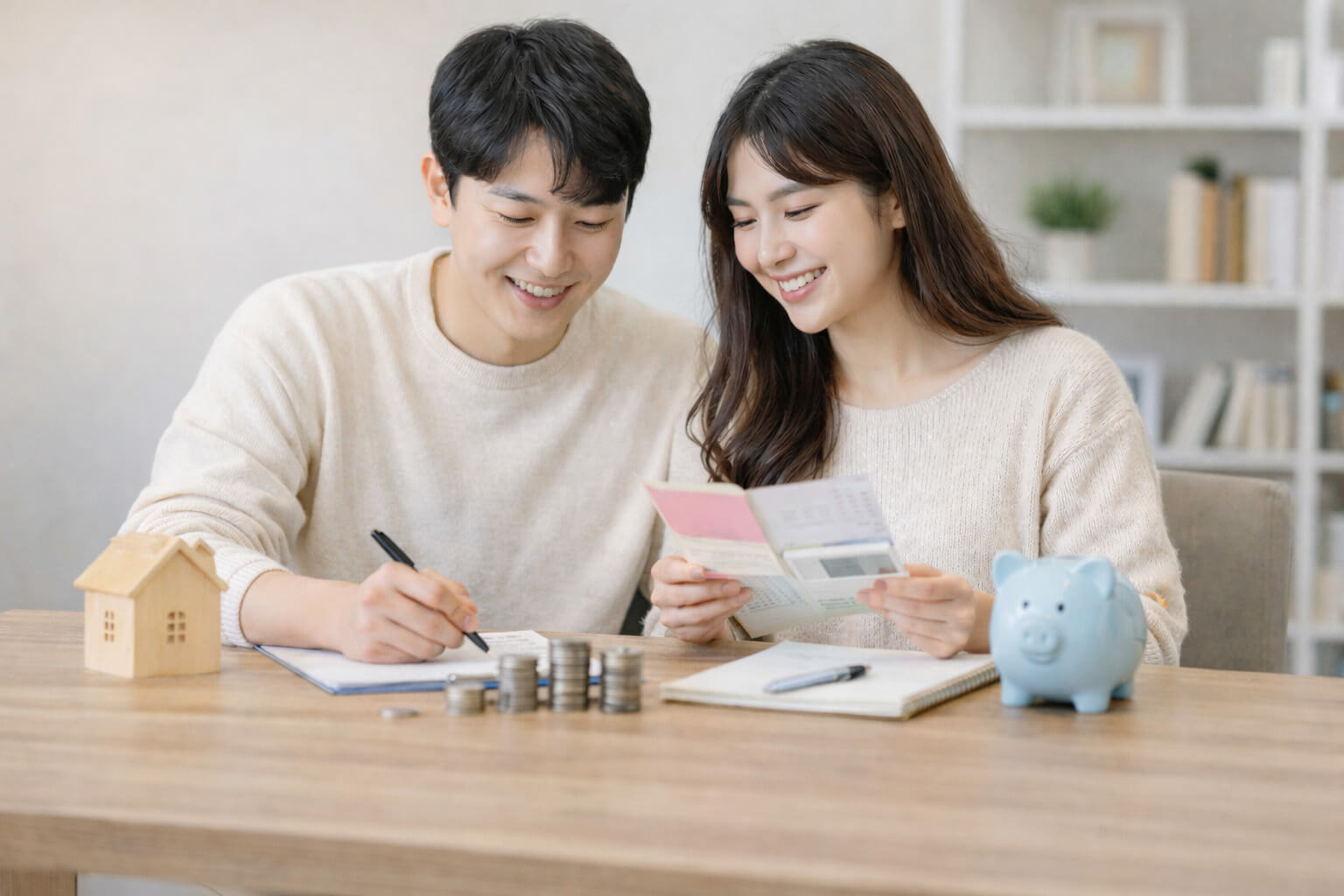 통장과 동전을 보며 자산 형성을 계획하는 한국인 청년 부부의 저축 준비 이미지