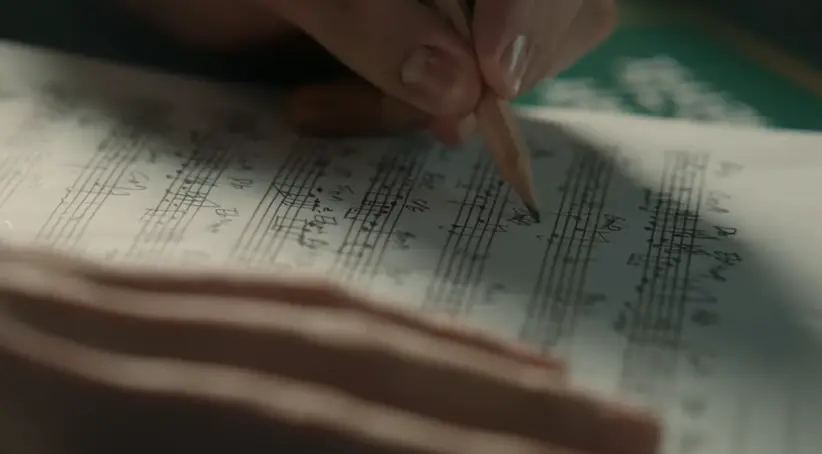 임영웅- 흰색 오선지 위에 연필로 쓰는 이미지