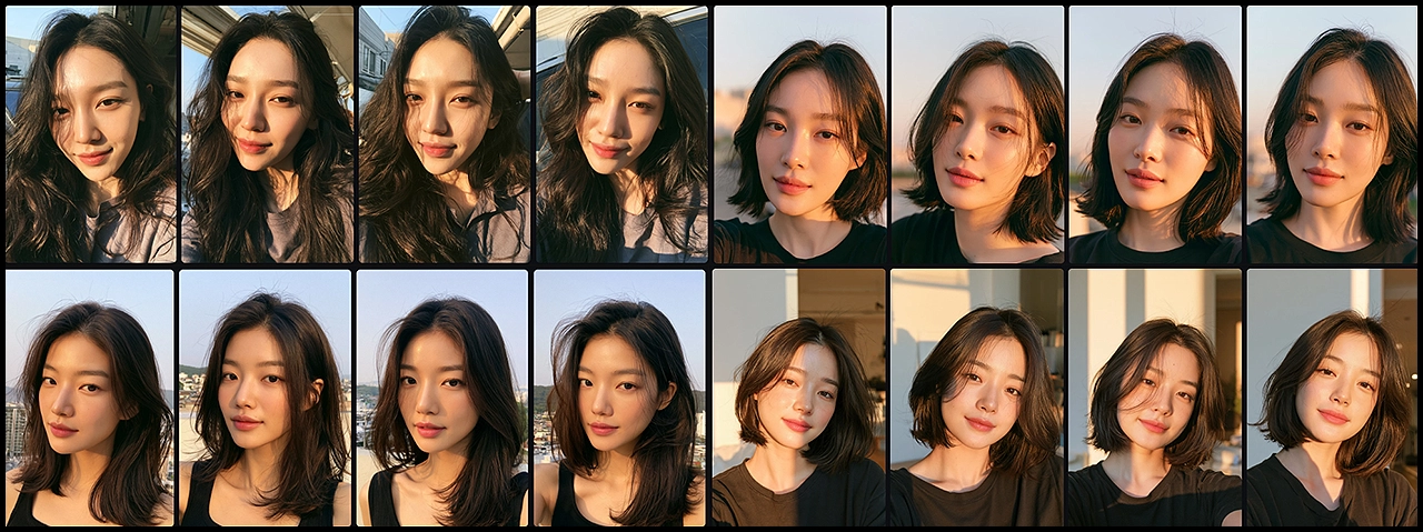 구체화한 V8.1 프롬프트로 생성한 여성 인물의 최종 헤어 변주 이미지_Midjourney