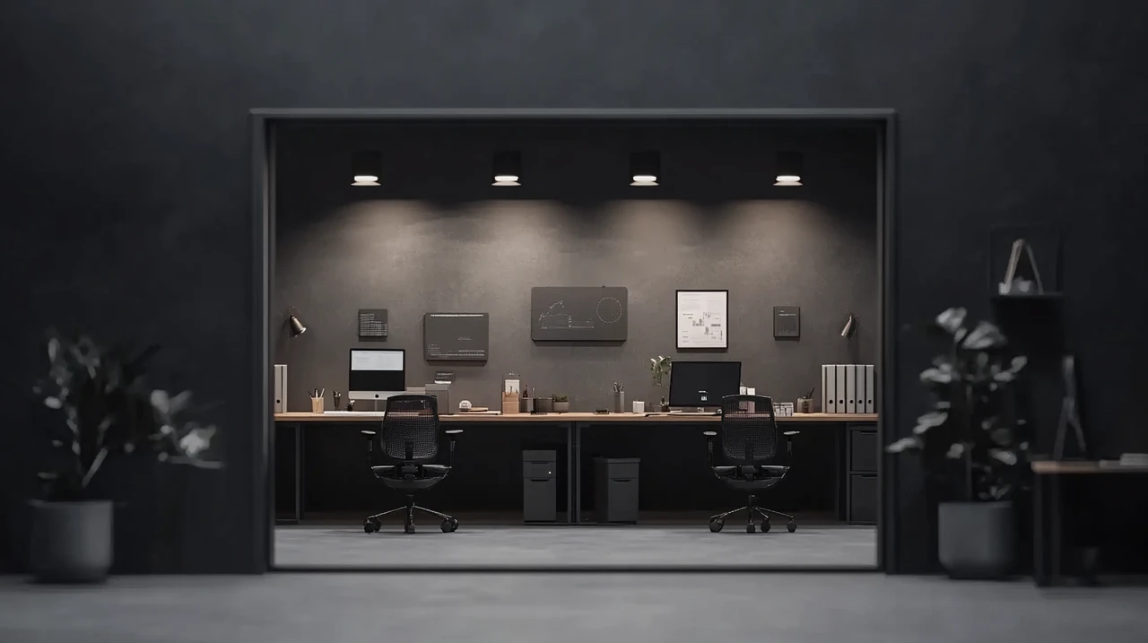 투자자들이 세련된 첨단 사무실에서 포트폴리오 재조정에 대해 협력하고 전략화하며, 현대성과 공유된 목적을 쿨한 색조와 집중된 조명으로 표현함