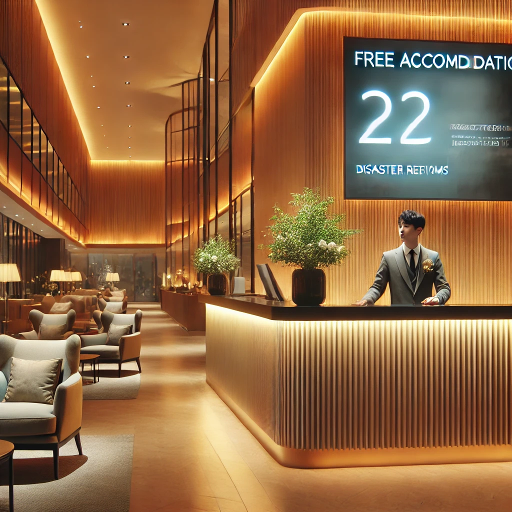 호텔 로비에서 무료 숙박 지원 메시지가 표시된 디지털 화면이 있는 따뜻한 분위기