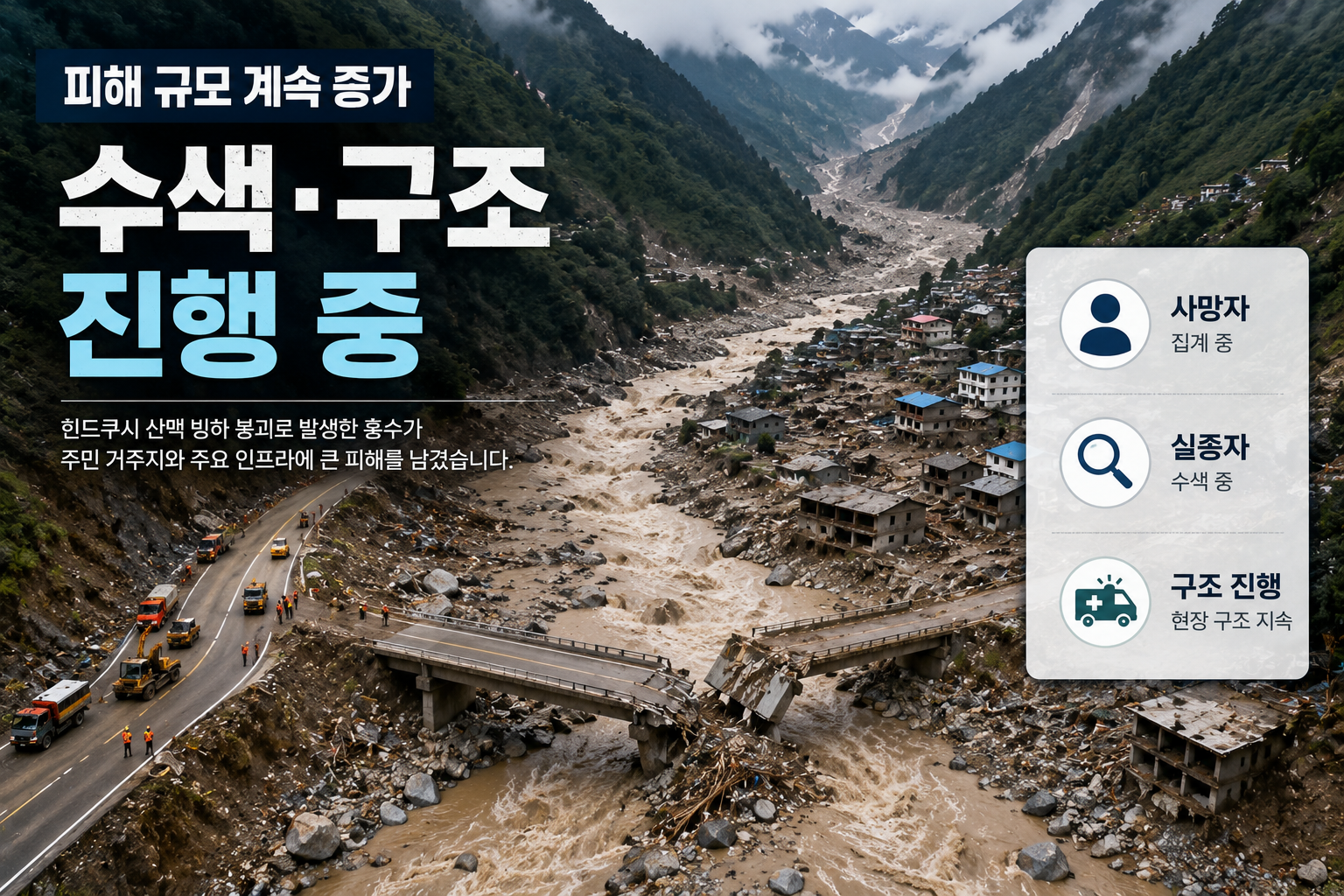 네팔 대홍수 피해 지역과 토석류로 파손된 도로와 마을의 상황을 표현한 이미지