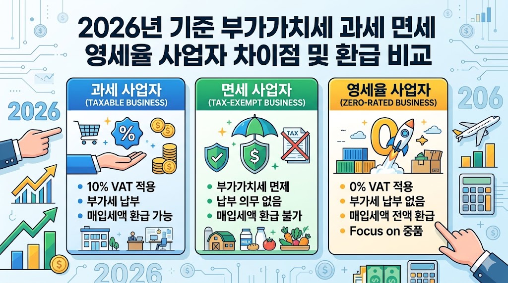 2026년 기준 부가가치세 과세 사업자, 면세 사업자, 영세율 사업자의 차이점과 매입세액 환급 여부를 한눈에 비교한 인포그래픽 썸네일