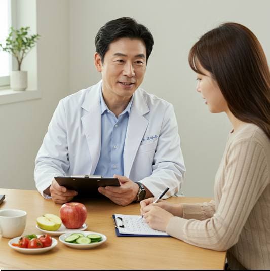 고칼륨 혈증에 나쁜 음식에 대한 설명을 듣는 환자 사진