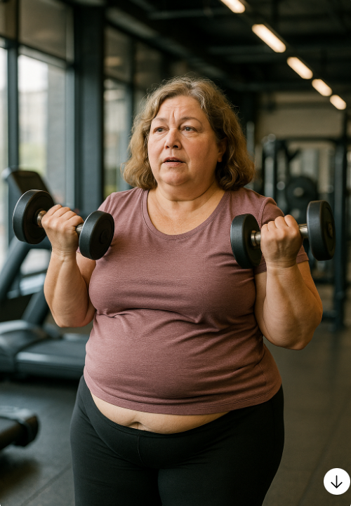 뱃살이 많은 50대 여성이 운동하는 사진