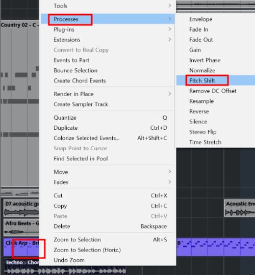 마우스 우클릭 후 Processes - Pitch Shift