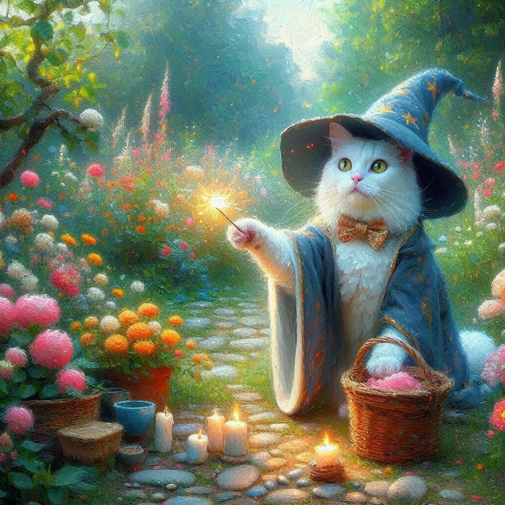 정원의 고양이 마법사, 인상주의, 야외 자연광