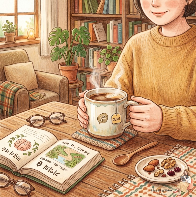 집콕이가 색연필로 그린 따뜻하고 아늑한 감성의 디카페인 커피 일러스트 (warm colored pencil illustration of a cozy decaf coffee cup)