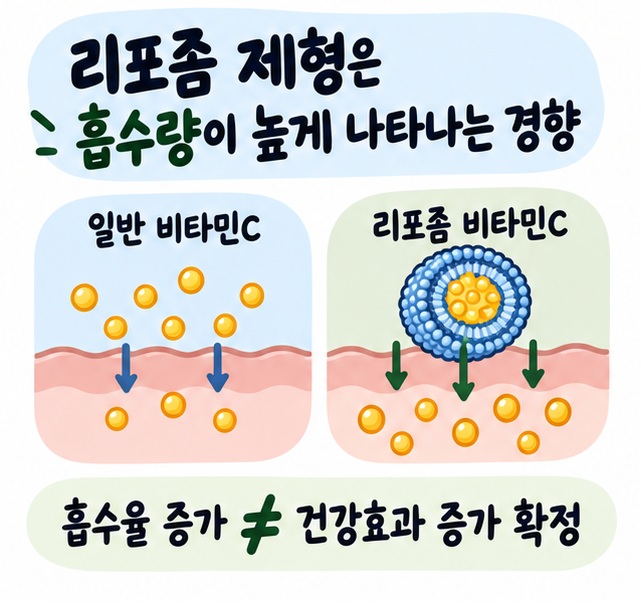 일반 비타민C와 리포좀 비타민C의 흡수 차이를 혈중 농도 그래프로 비교하되 건강효과가 더 크다고 단정하지 않는 카드