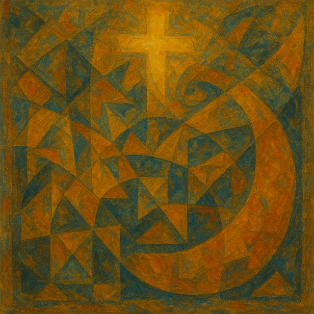 십자가와 초승달이 추상적인 기하학적 패턴 속에 표현된 그림. 주황색과 짙은 파란색의 삼각형과 곡선이 얽히며, 빛나는 십자가는 상단 중앙에, 곡선 형태의 초승달은 우측 하단에 위치한다. 기독교와 이슬람을 상징하는 이미지로서 신비롭고 상징적인 분위기를 자아낸다.