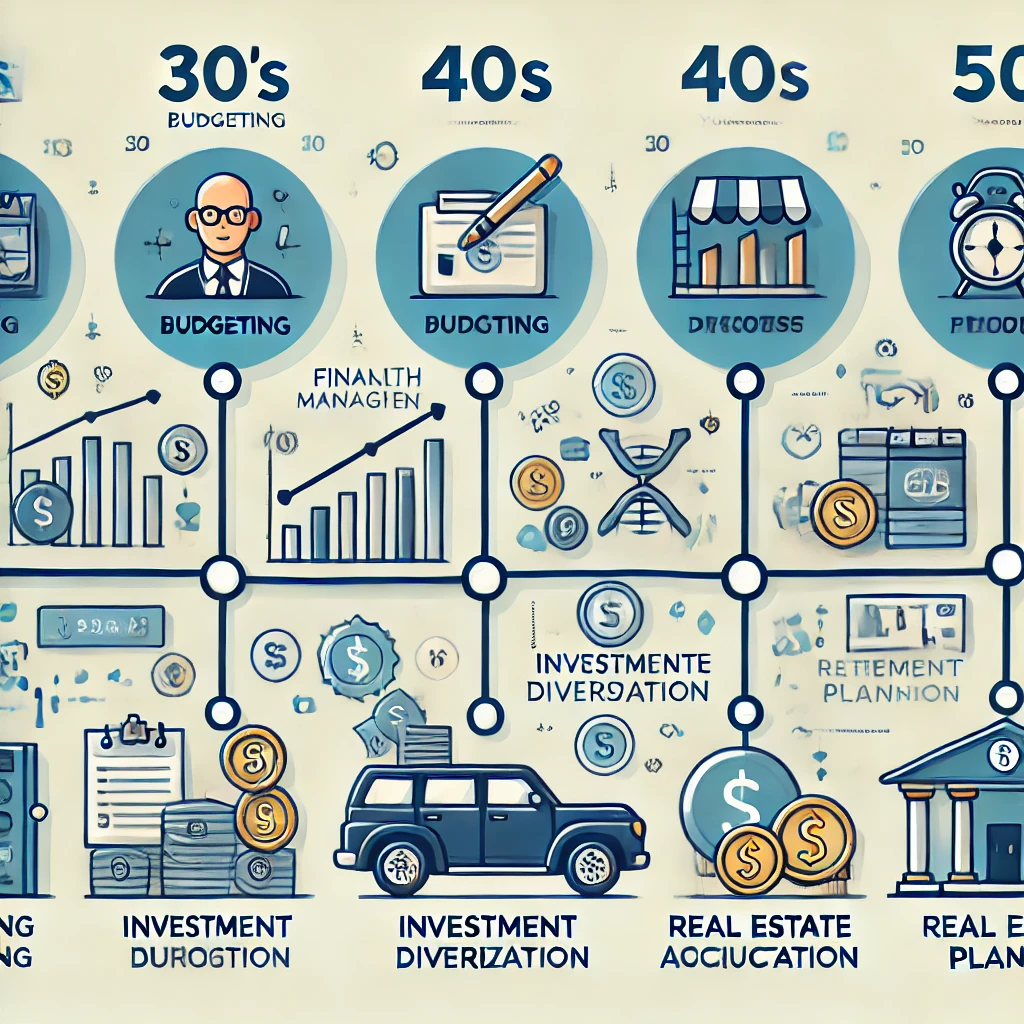 "30대, 40대, 50대의 자산관리 전략을 설명하는 인포그래픽. 연령대별로 예산 관리, 투자 다각화, 부동산 구매, 은퇴 계획 등 재정적 목표가 타임라인 형식으로 표현된 이미지. 각 연령대의 재무 우선순위를 나타내는 직관적인 아이콘과 그래픽이 포함된 디자인."