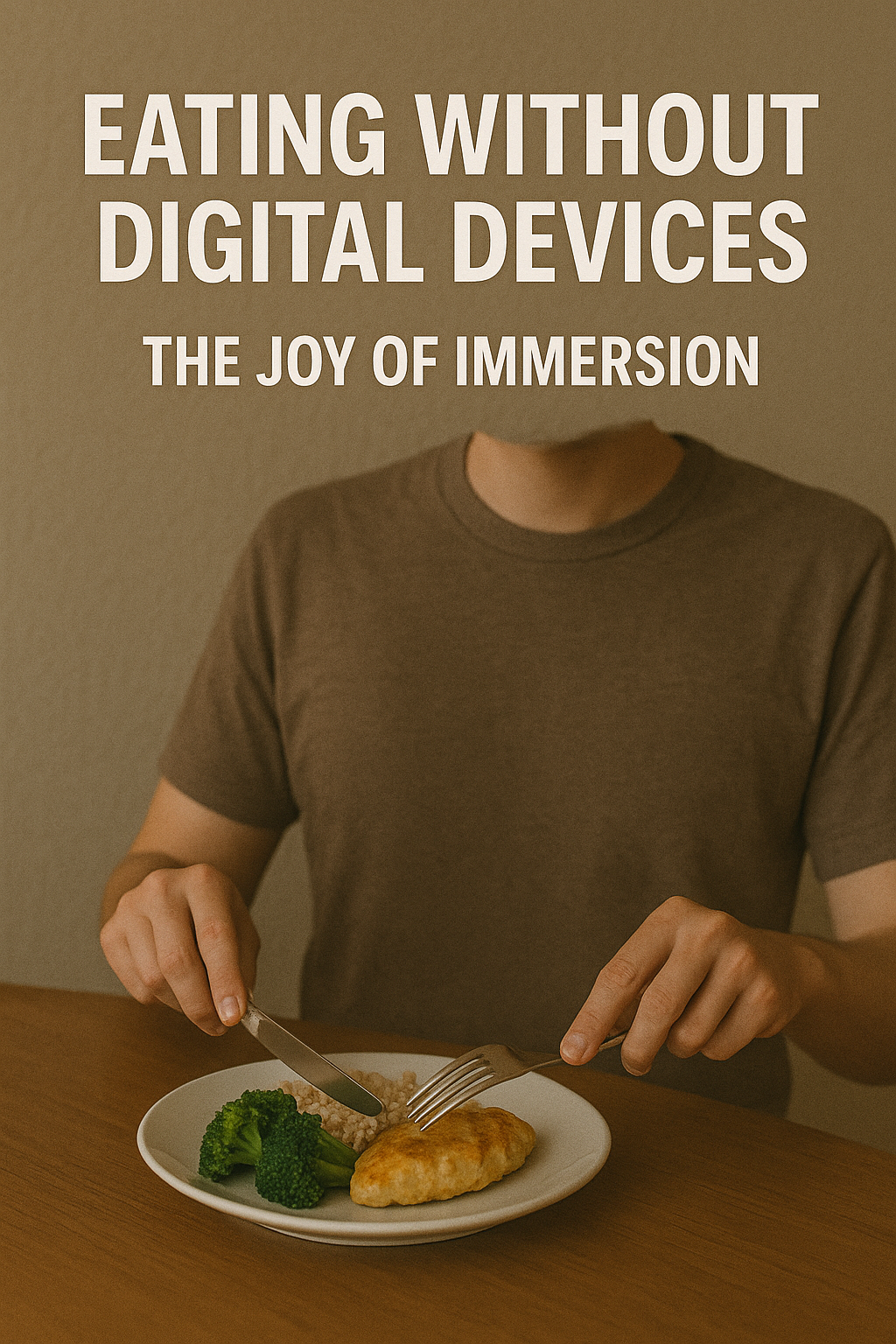 디지털 기기 없이 식사를 즐기는 사람이 접시에 담긴 닭고기, 브로콜리, 곡물을 포크와 나이프로 먹고 있다. 이미지 상단에는 "EATING WITHOUT DIGITAL DEVICES"와 "THE JOY OF IMMERSION"이라는 문구가 적혀 있다.