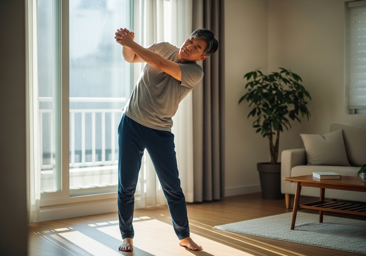50대 한국인 남성 스트레칭 거실