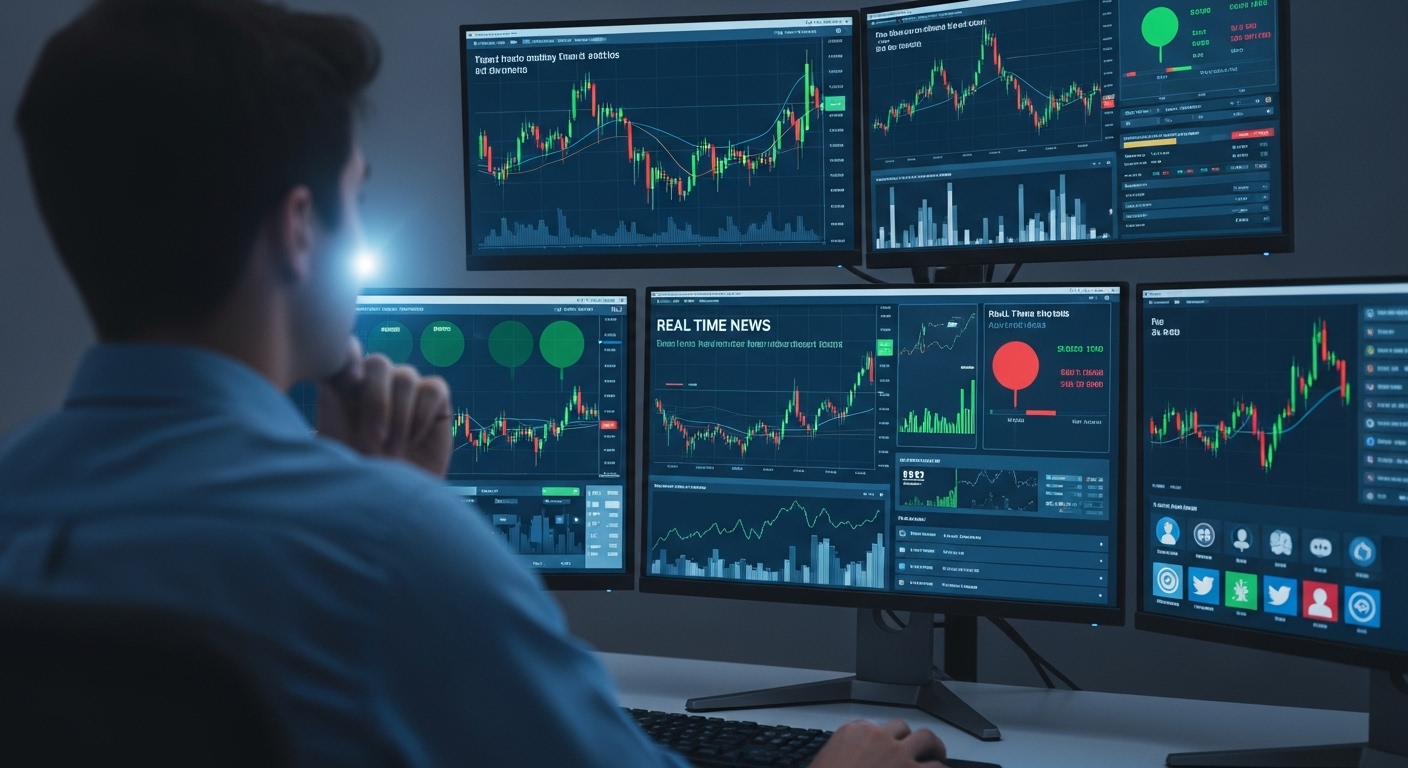여러 모니터에 주식 차트, 실시간 뉴스 감성 분석, 소셜 미디어 트렌드가 표시된 화면을 바라보는 사람의 뒷모습. AI의 도움을 받아 데이터를 기반으로 투자 결정을 내리는 모습을 나타냅니다.
