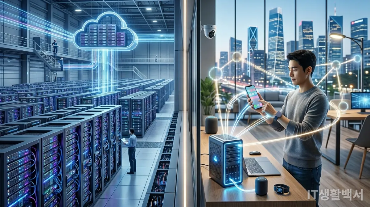 중앙 집중식 데이터센터와 분산된 스마트 기기를 대비하여 클라우드 컴퓨팅과 엣지 컴퓨팅의 차이점을 보여주는 이미지