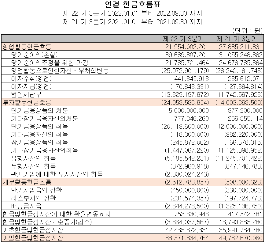 GST - 현금흐름표