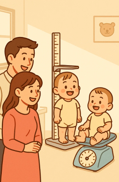 아기가 키와 몸무게를 측정하는 모습, 옆에서 지켜보는 부모