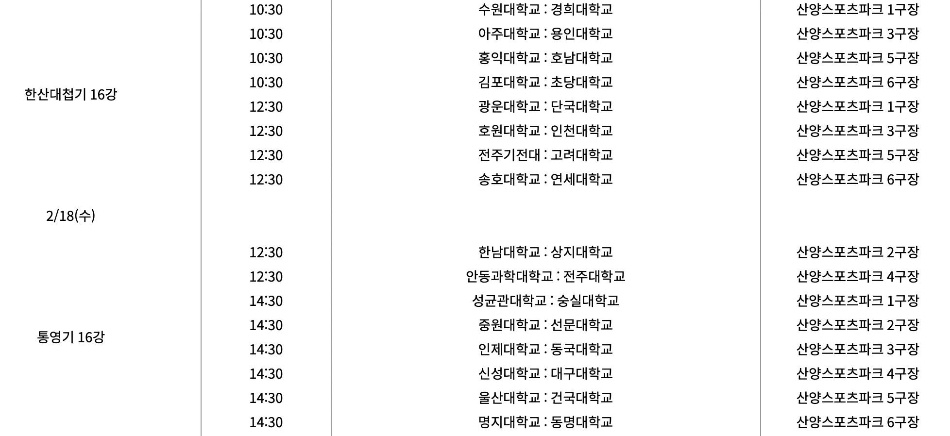 제62회 춘계 대학 축구 연맹전 본선 16강 경기 일정