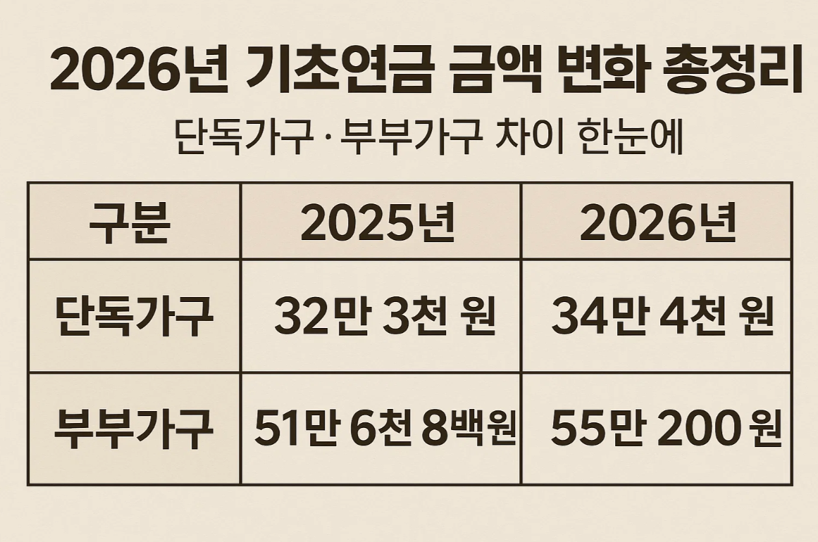 2026년 기초연금 금액 변화 총정리｜단독가구&middot;부부가구 차이 한눈에