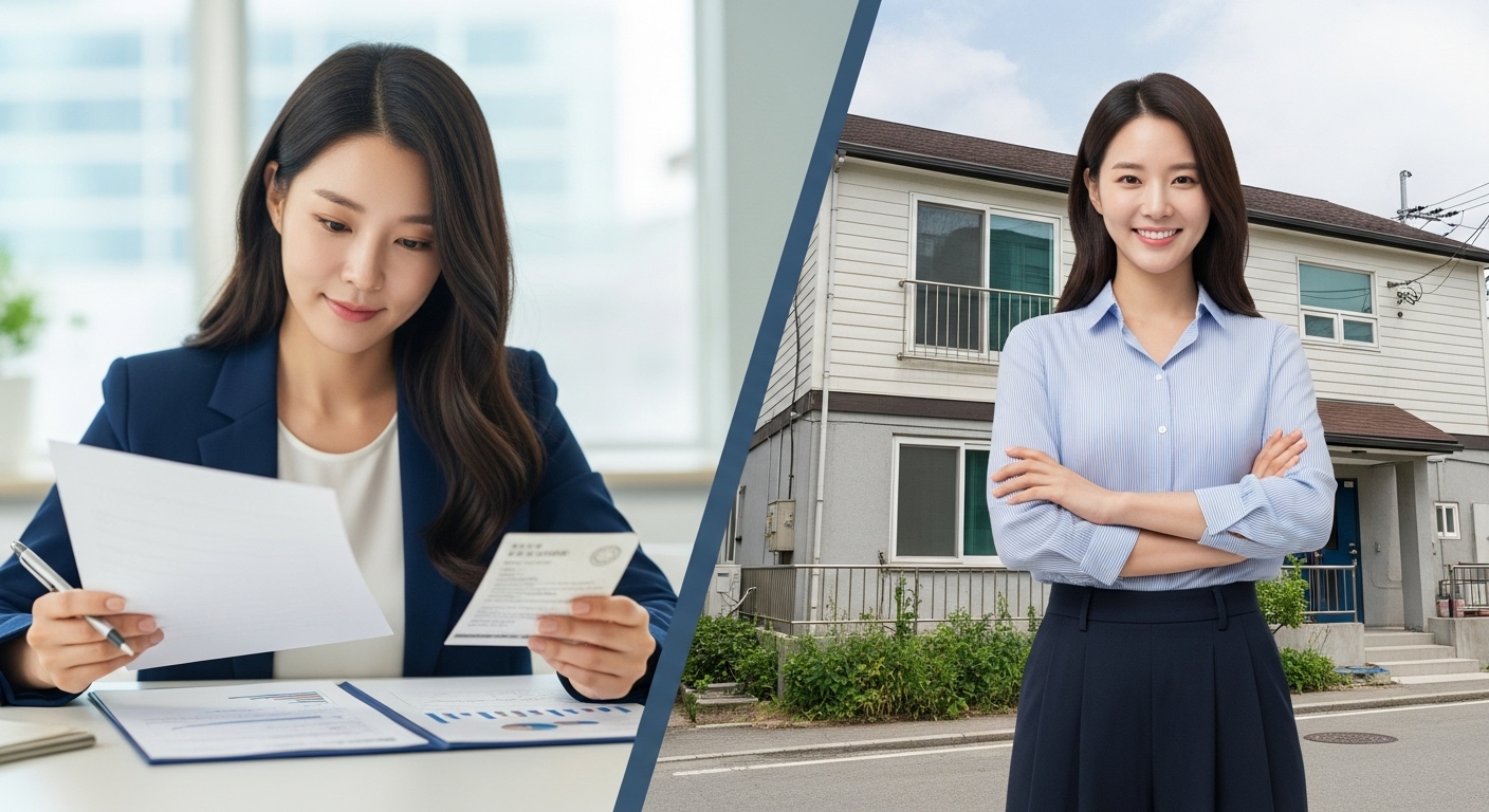 김지혜 씨가 재정 서류를 검토하고 아파트 앞에서 성공적으로 첫 집을 마련한 모습을 보여주는 이미지
