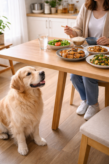 식탁에 앉아 밥을 먹는 사람과 그걸 바라보는 강아지 사진