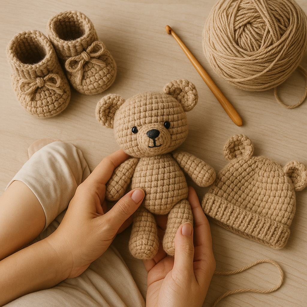 뜨개질로 만든 애착인형과 아기신발