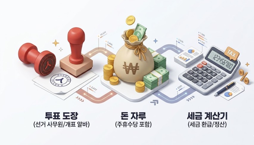 깔끔한 흰색 바탕 위에 투표 도장 마크, 돈 자루 아이콘, 세금 계산