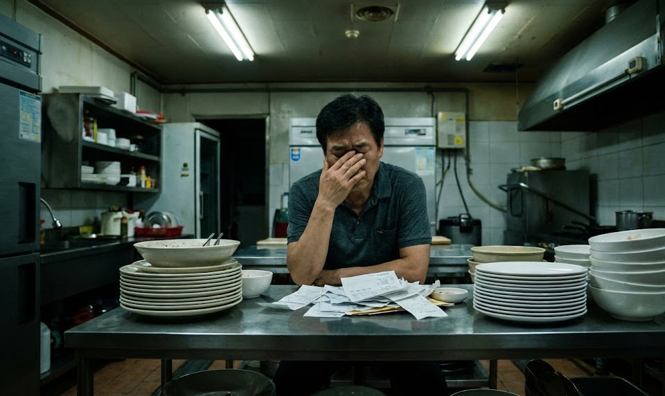 늦은 밤, 식당 주방 한구석에 앉아 산더미처럼 쌓인 영수증과 세금 고지서를 보며 깊은 한숨을 쉬고 있는 중년 남성 사장님의 지친 모습
