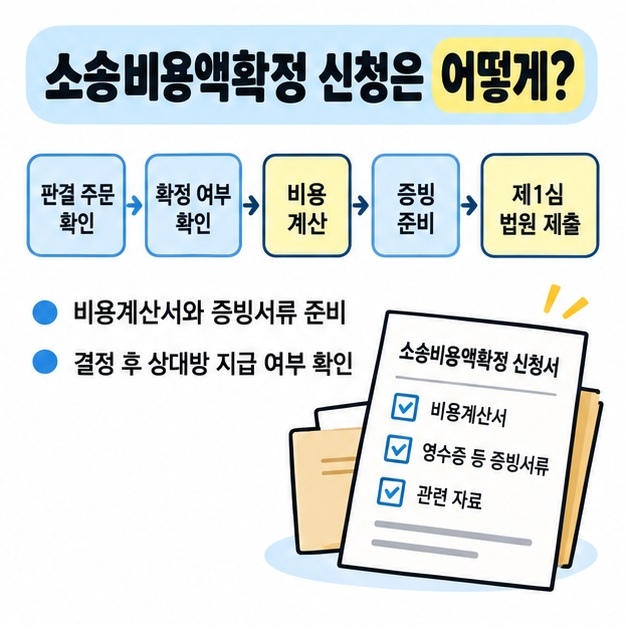 소송비용액확정 신청의 준비서류와 제출 순서를 체크리스트로 보여주는 그림