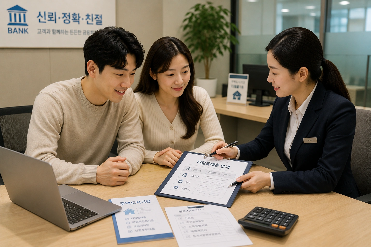 디딤돌대출 신청을 위해 은행 상담원과 한국인 신혼부부가 대출 조건과 준비 서류를 상담하는 모습