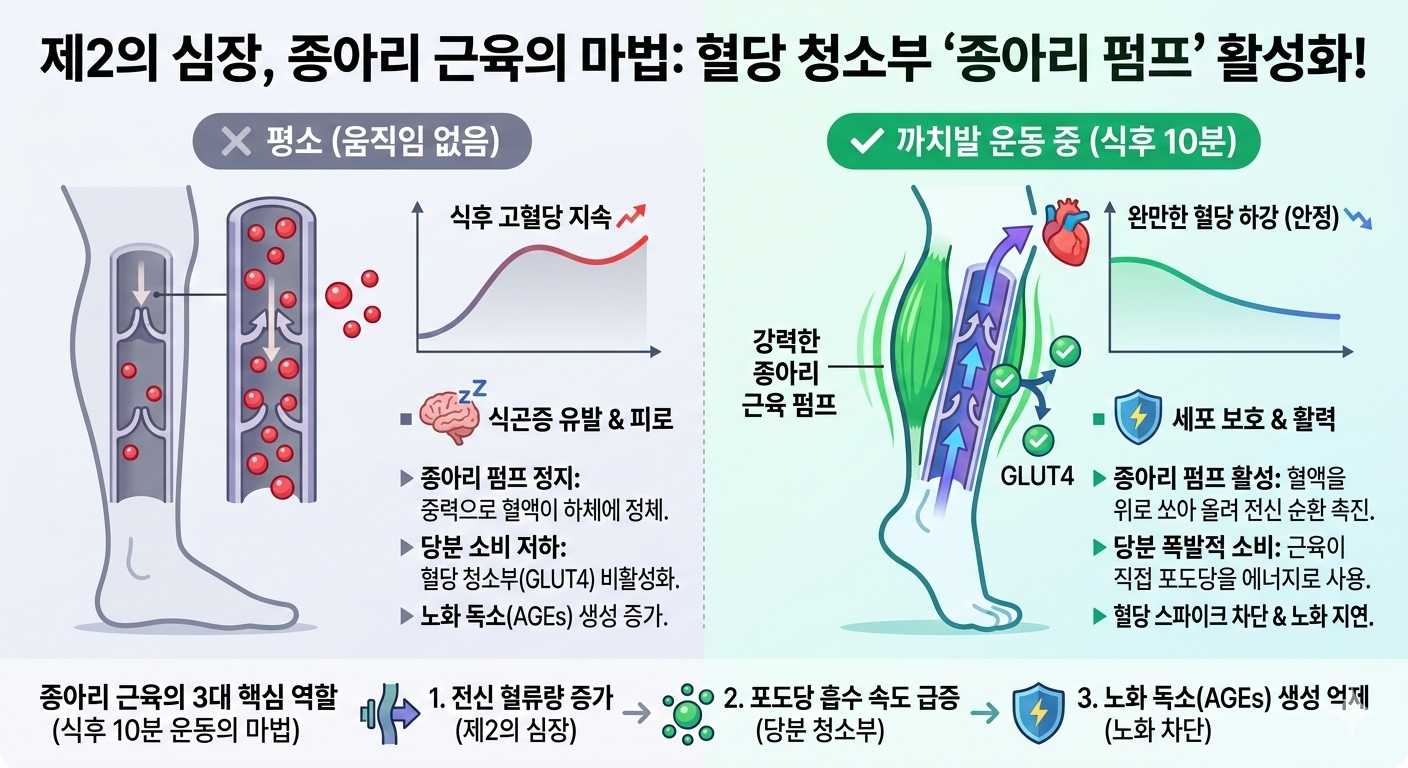 식후 10분 운동 효과와 종아리 근육 펌프의 혈당 스파이크 방지 원리 인포그래픽