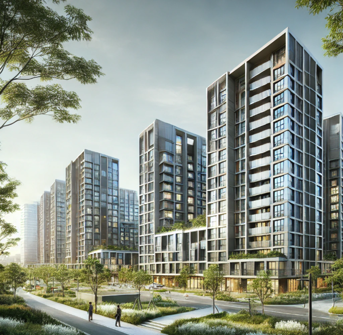 아파트 단지 앞에서 산책하는 사람들