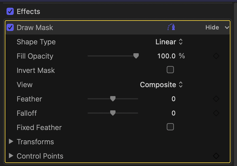 Video inspector에 Draw Mask가 적용된 모습