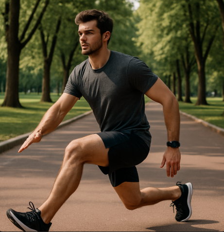 공원이나 트랙에서 러닝 전 워밍업 루틴을 실행 중인 젊은 러너 t사진