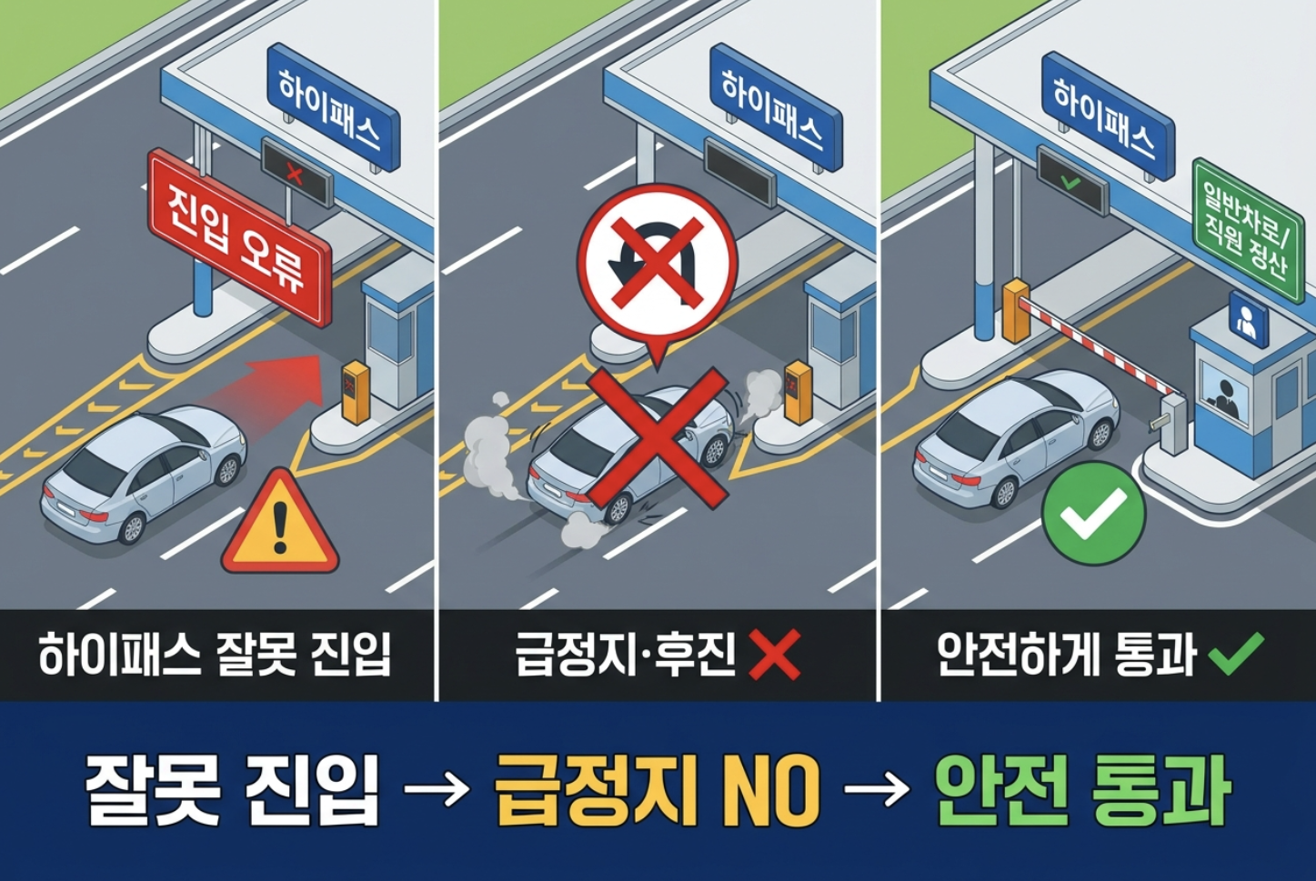 하이패스 차로에 잘못 진입했을 때 급정지나 후진하지 않고 안전하게 통과하는 대처법 이미지