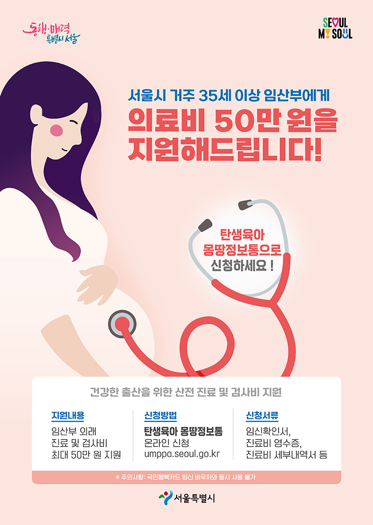 서울에 거주하는 35세 이상 임산부에게 진료 및 검사비 50만 원을 지원하는 서울시의 지원금 신청 방법을 알아본다.