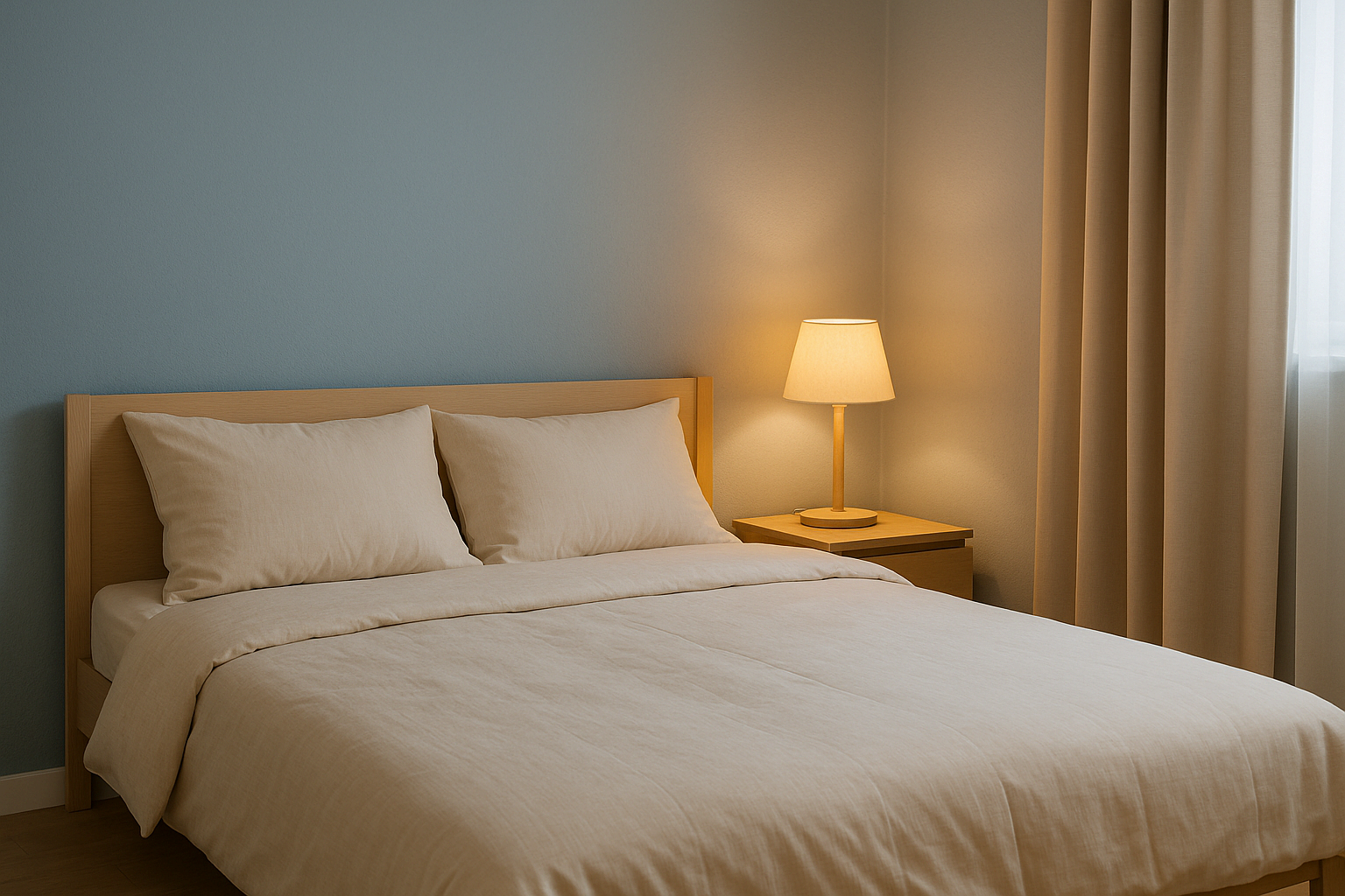 블루톤 벽과 크림색 침구가 조화를 이루는 차분한 침실