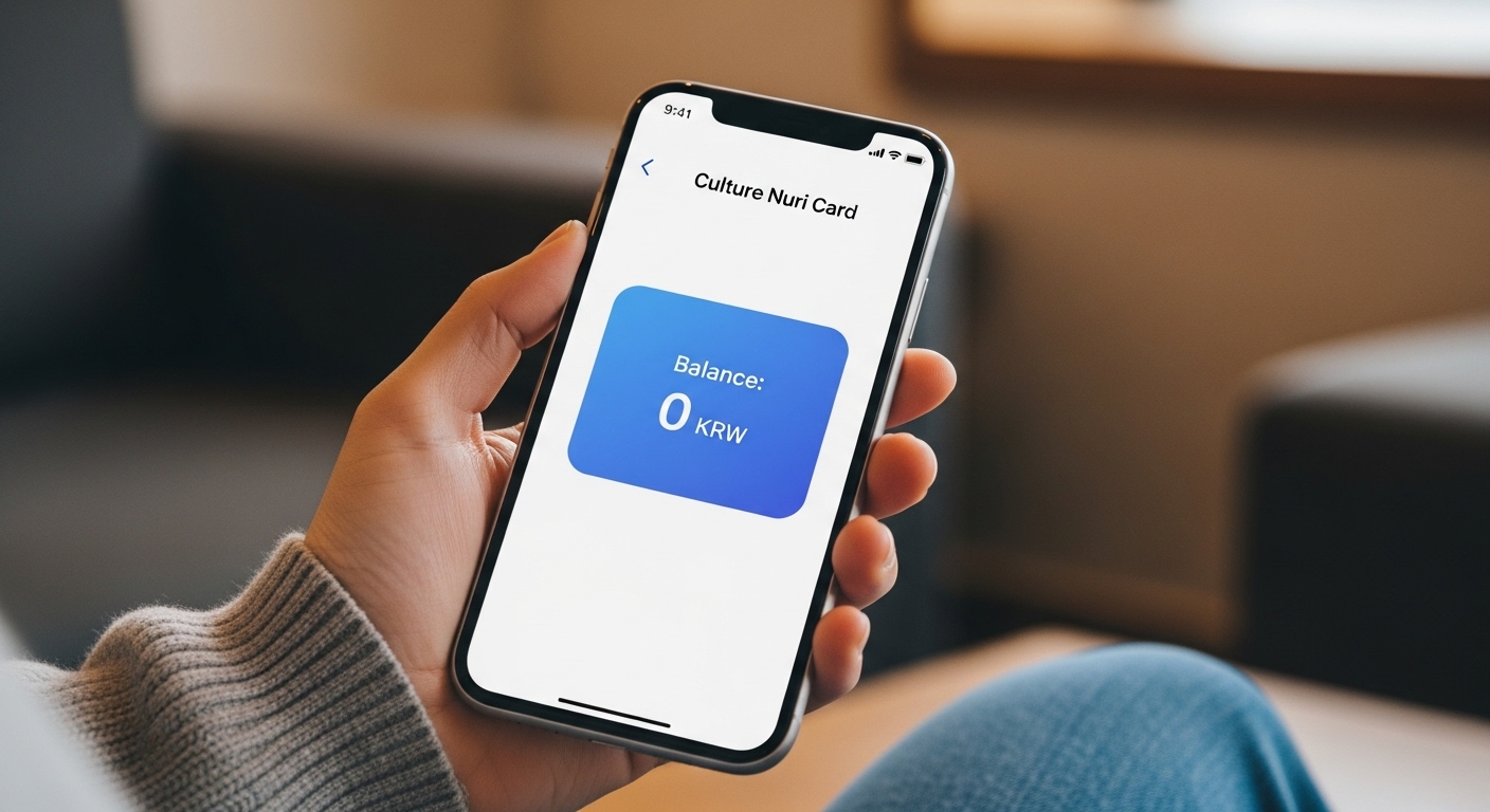 문화누리카드 모바일 앱 화면에서 잔액이 0원임을 보여주는 스마트폰을 들고 있는 손. 잔액 소진 성공을 보여준다.