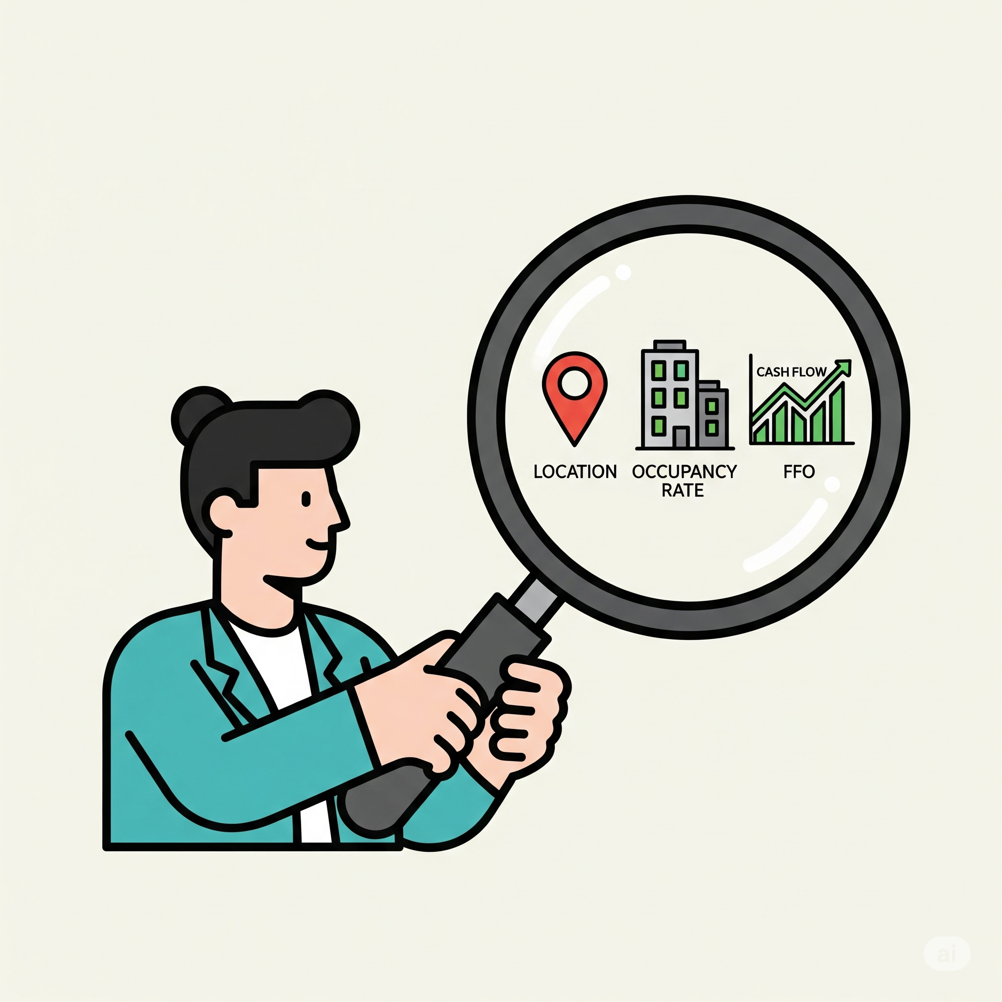 돋보기로 리츠의 핵심 자산(입지), 공실률, FFO(운영자금흐름)를 분석하는 모습