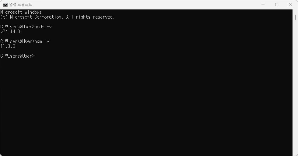 명령 프롬프트에서 node -v, npm -v 명령어로 버전 확인