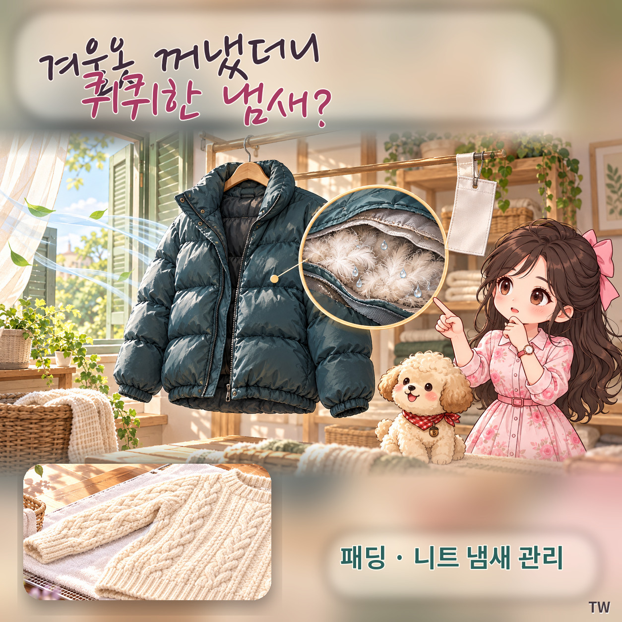 겨울옷을 꺼낸 옷장 앞에서 패딩과 니트의 냄새를 확인하는 분홍 원피스 캐릭터와 크림색 푸들이 등장하고 냄새 제거 핵심 문구가 강조된 교육용 대표 인포그래픽