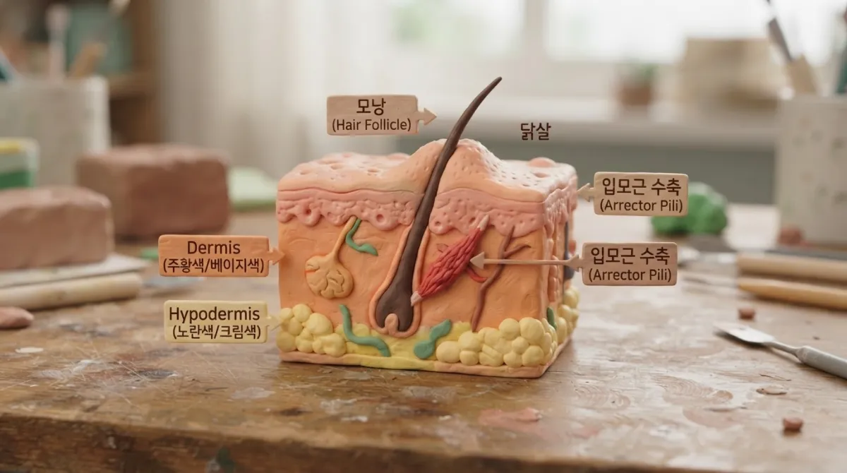 클레이 점토로 만든 피부 단면 모델에서 입모근(털세움근)이 수축하여 모낭을 세우고 닭살을 형성하는 과정을 보여주는 아드만 스타일 해부학 일러스트