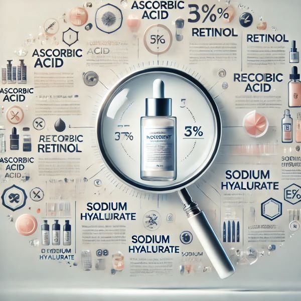 스킨케어 제품의 성분표를 돋보기로 확대해 Ascorbic Acid, Retinol, Sodium Hyaluronate 등 INCI 명칭이 강조된 화장품 인포그래픽 이미지. 흰 배경에 깔끔한 디자인으로 화장품 성분 이해를 돕는 구성.