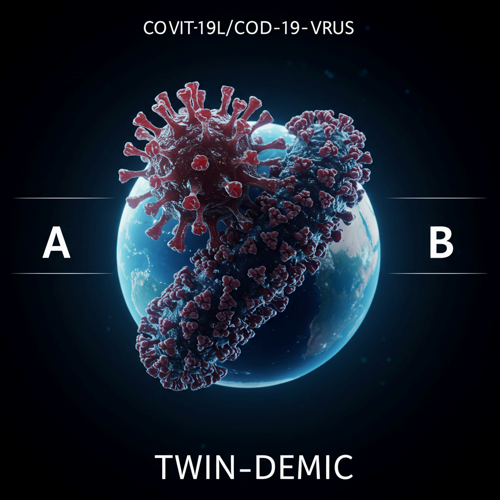 지구본 위에 **서로 다른 두 가지 바이러스 모형(인플루엔자 바이러스와 코로나19 바이러스)**이 강조되어 있고, 하단에 'TWIN-DEMIC' 문구가 크게 표시되어 두 질병의 동시 유행 위협을 나타냅니다.