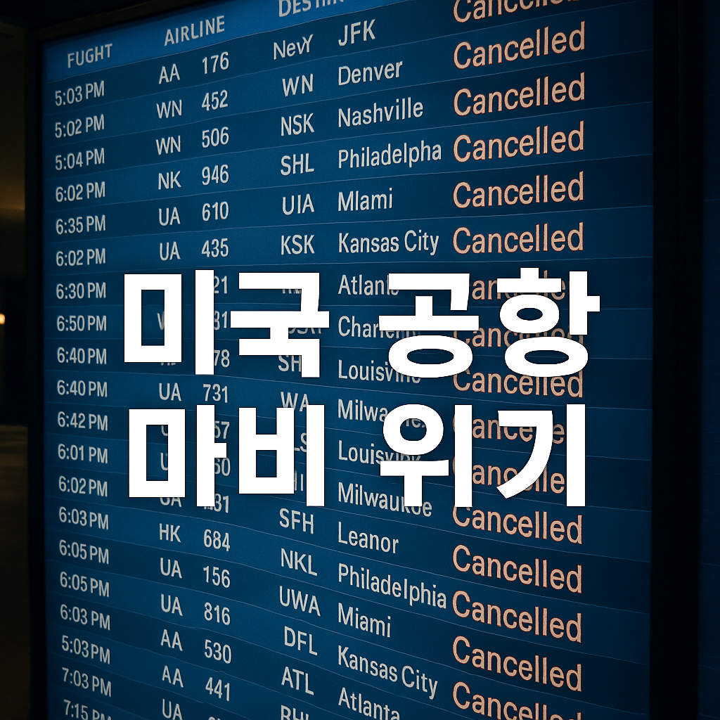 “미국 공항에서 연속 취소 표시가 뜬 항공편 전광판”