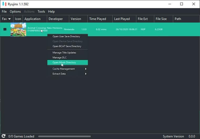 Ryujinx에서 동물의 숲 모드 파일 열기