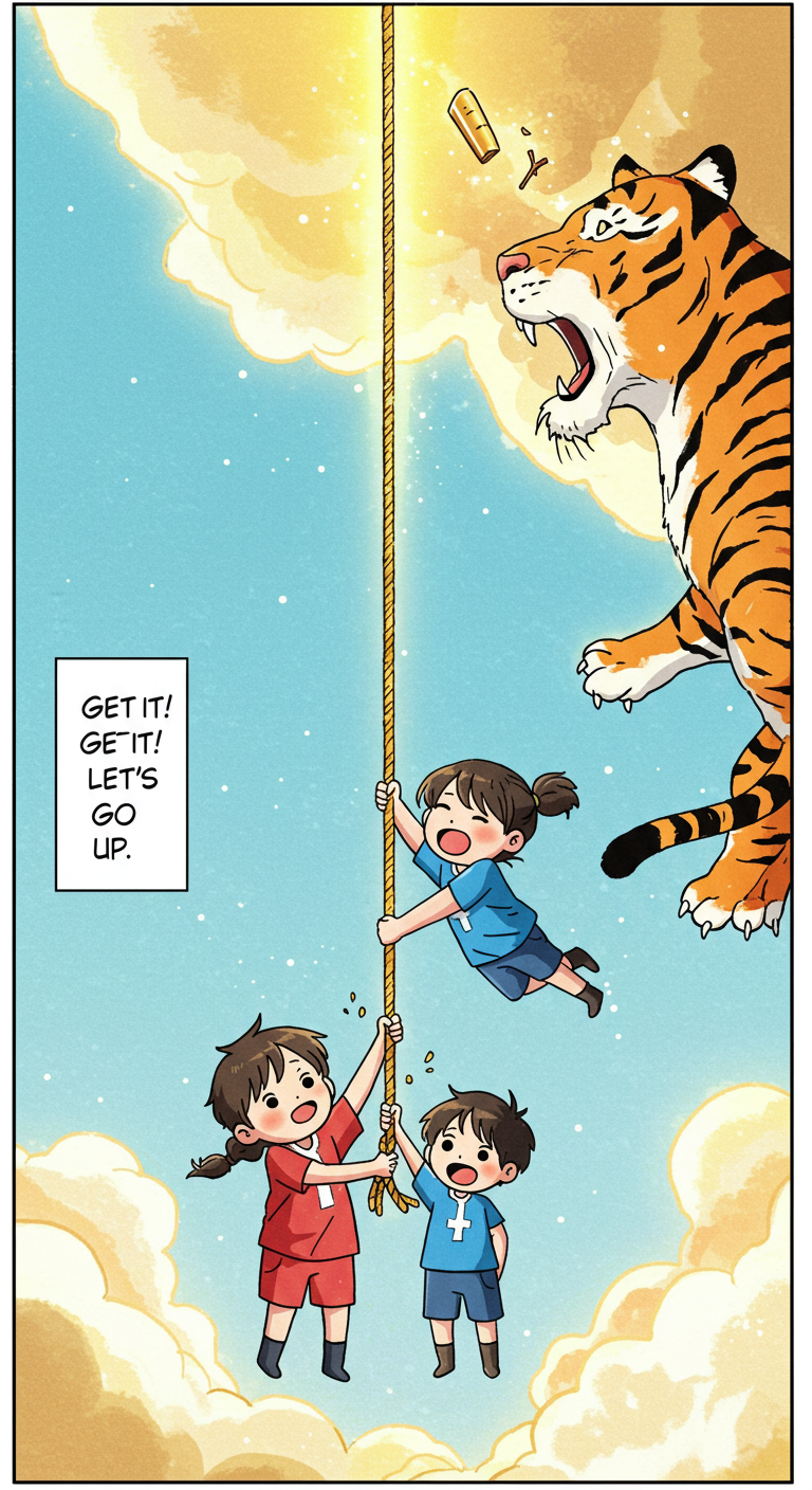 오누이의 간절한 기도로 밧줄로 탈출하는 장면