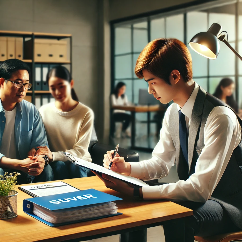 사회복지사가 저소득층 가정과 함께 생계급여 신청 서류를 검토하는 장면